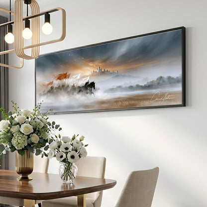 a large painting of a landscape with a horse and a castle in the distance, hanging on a white wall above a wooden dining table with a vase of white flowers.