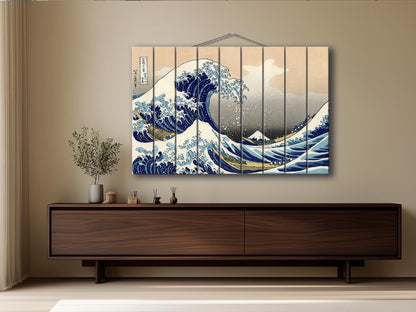 Great Wave Wood Print – Japanese Wall Art | Abstract Sea Waves Wooden Plank Art