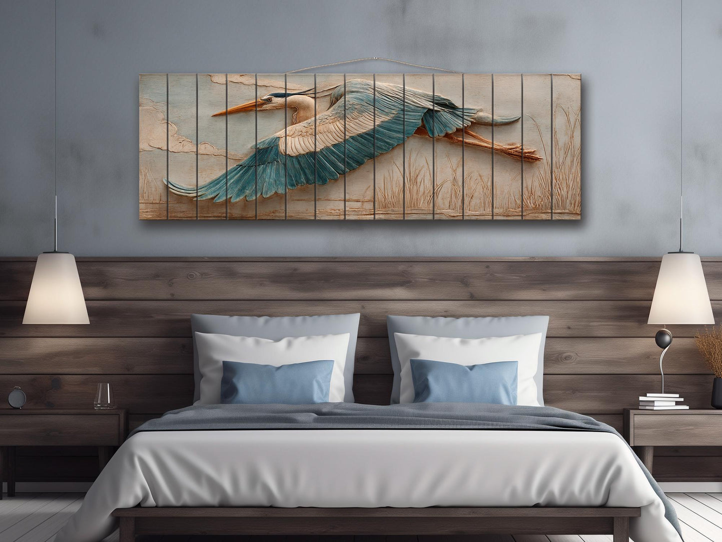 Heron Wood Wall Art - Rustic Nature Decor | Elegant Bird Poster on Wood Plank