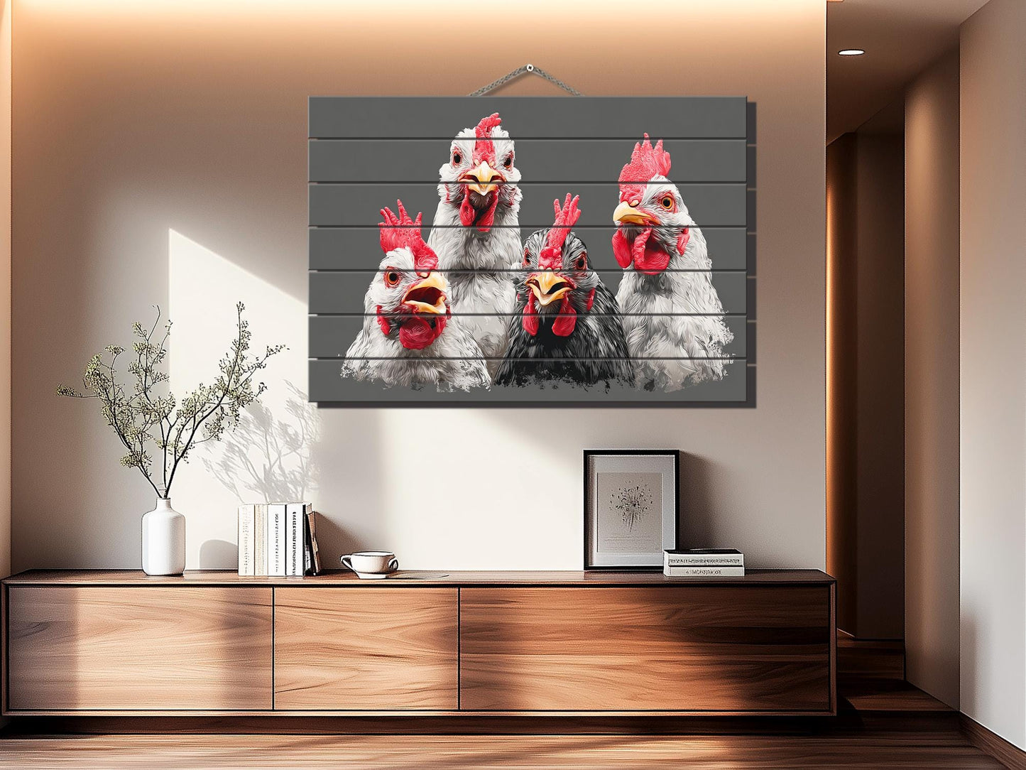 Happy Chickens Wood Print – Rustic Farmhouse Wall Art | Wood Plank Artwork