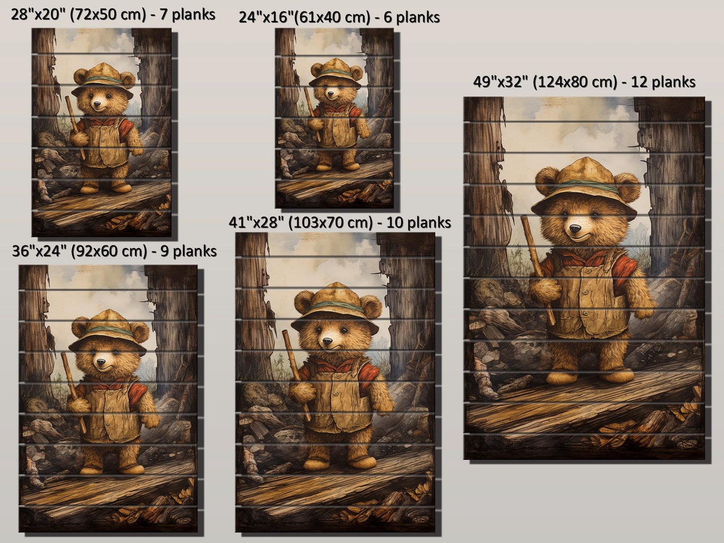 Rustic Hiking Bear Print on Natural Wood – Nursery Animal Wall Art