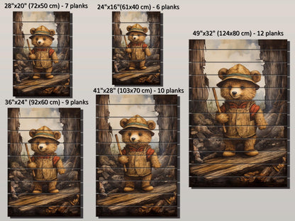 Rustic Hiking Bear Print on Natural Wood – Nursery Animal Wall Art
