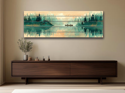 Canoe Waterfall Wall Art – Misty Forest Landscape Print on Wood with Rustic Cabin Decor