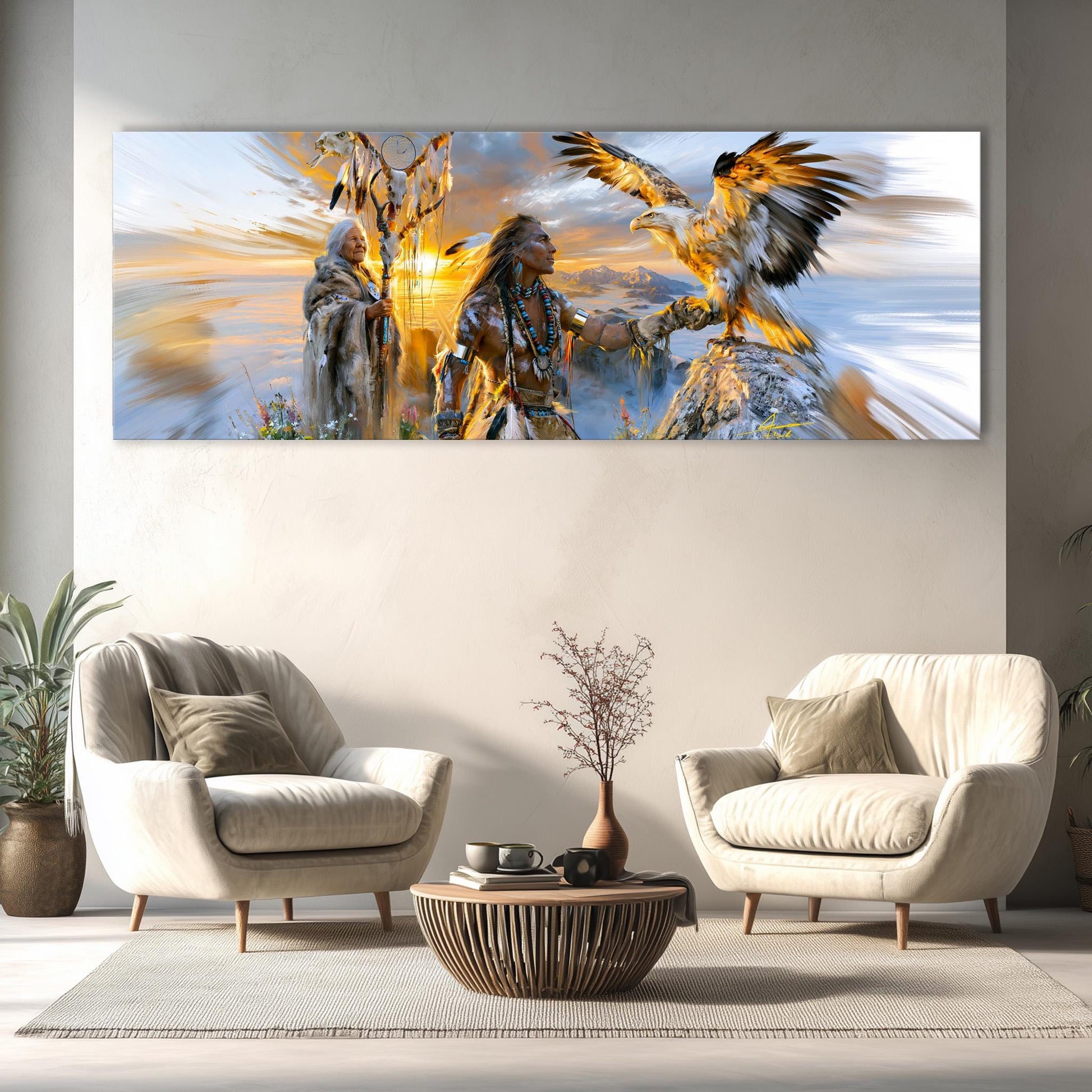 a large, colorful painting of Native American figures and an eagle in a dynamic pose, displayed on a wall in a modern living room setting.
