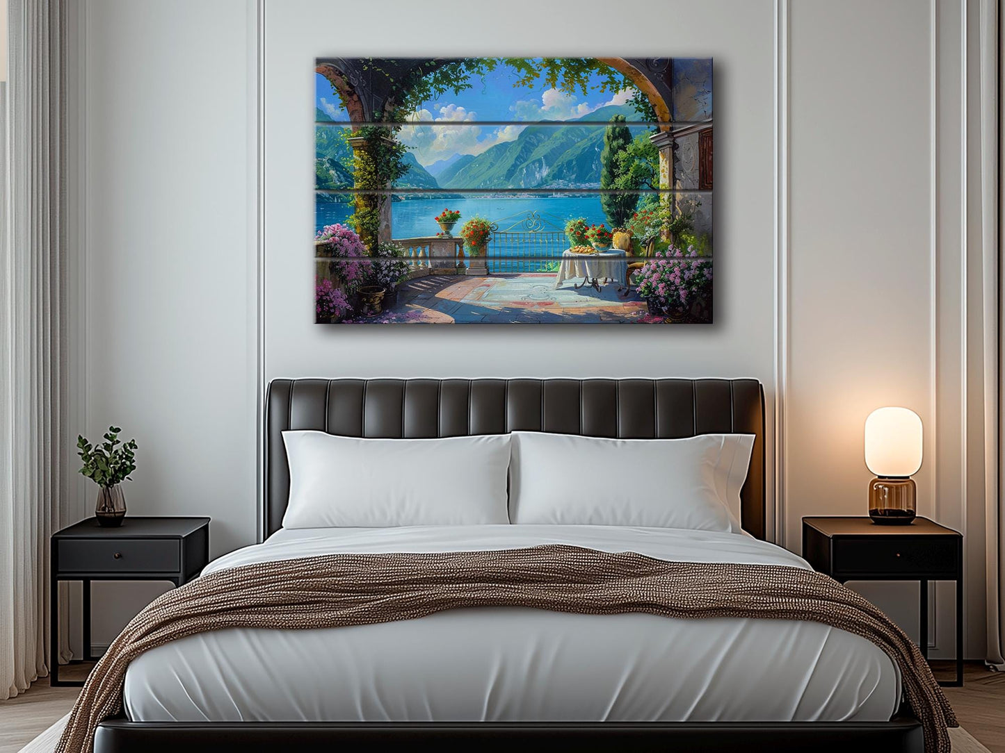 Scenic Como Lake Landscape Printed on Natural Wood, Italy Wall Art, Rustic Lake Como Painting, Rustic Italian Wall Decor, Wood Wall Art
