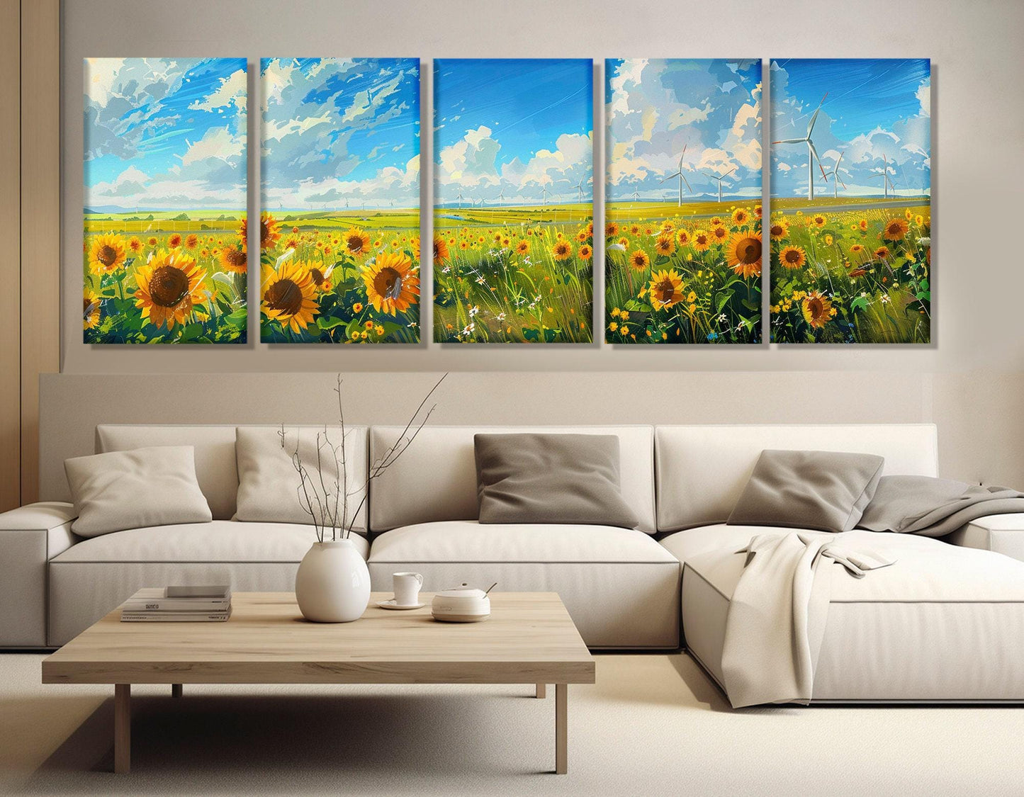 Sunflower Canvas Print – Framed Canvas Art with Windmill Wall Art, Ready to Hang