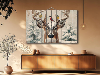 Snowy Deer Wall Art on Wood – Rustic Winter Scene, Cabin Decor