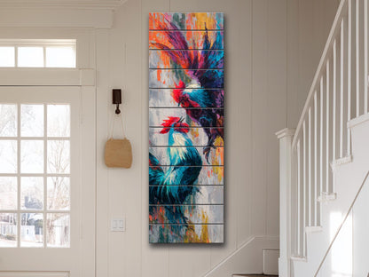 Cockfight Wall Art - Rustic Wood Decor | Vibrant Farm Scene & Bold Impasto Painting