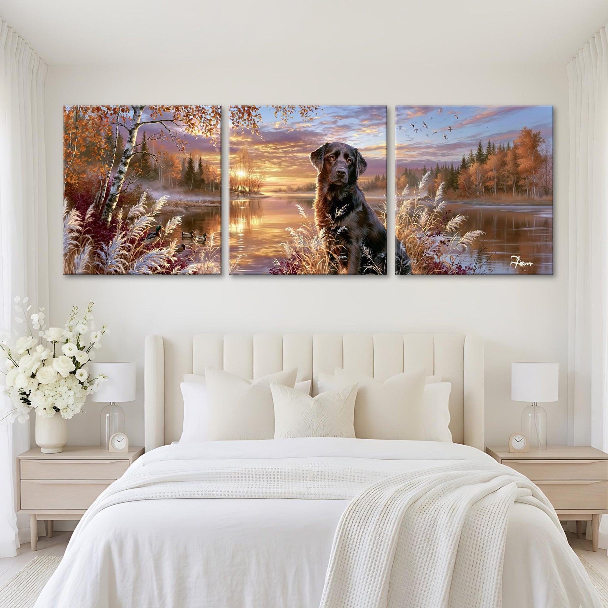 A large, three-panel artwork depicting a serene landscape with a dog sitting in the foreground, surrounded by trees, grass, and a lake.