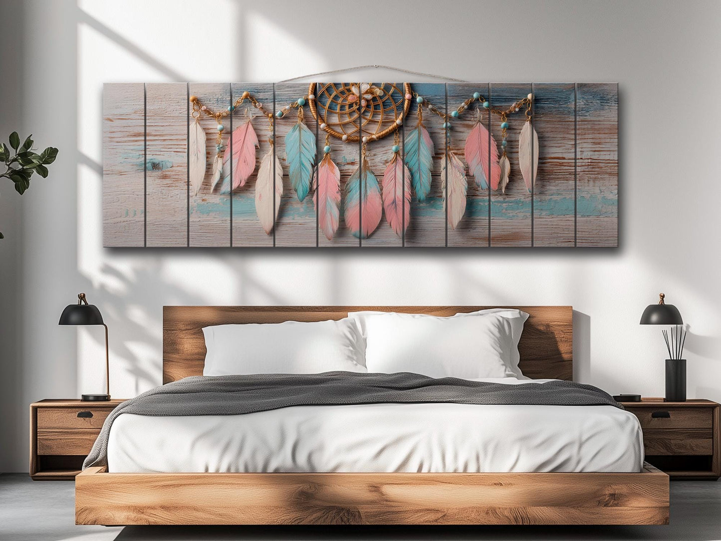 Rustic Wood Wall Art - Boho Dreamcatcher with Feathers and Beads Print on Natural Wood, Bedroom Painting, Boho Wall Art, Bedroom Wall Decor