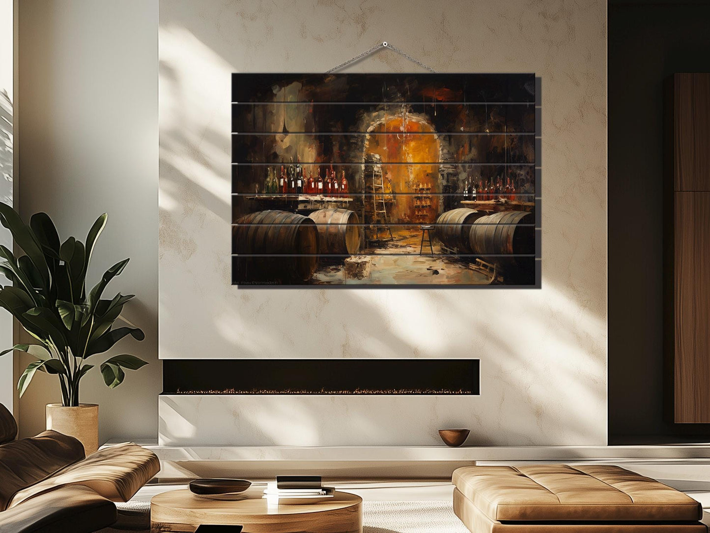 Wood Wall Art - Rustic Wine Cellar Painting on Natural Wood Plank Art