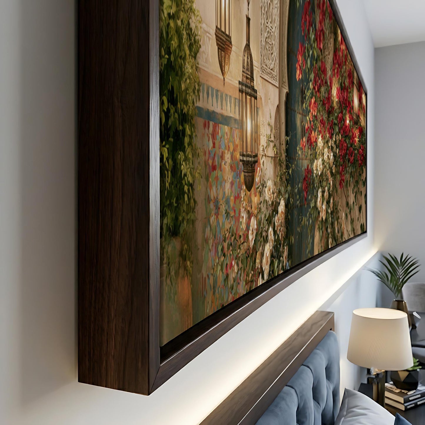 a large, framed painting depicting a garden scene with a fountain and colorful flowers.