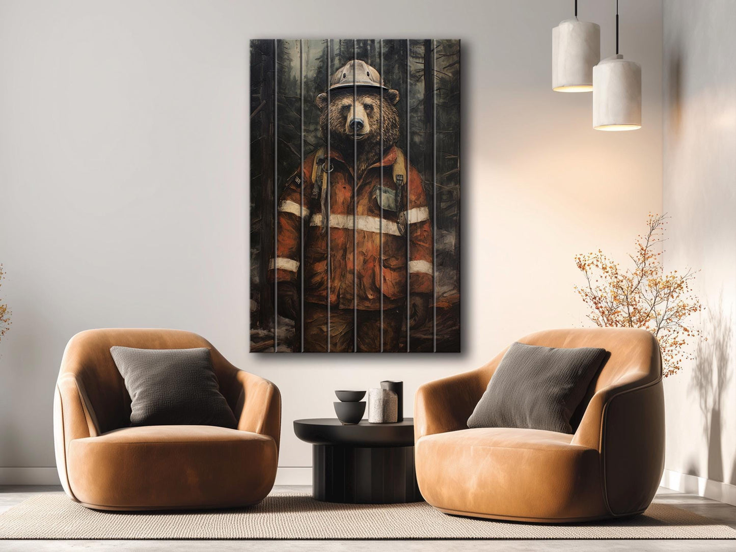 Rustic Fireman Bear Print on Natural Wood – Nursery Animal Wall Art