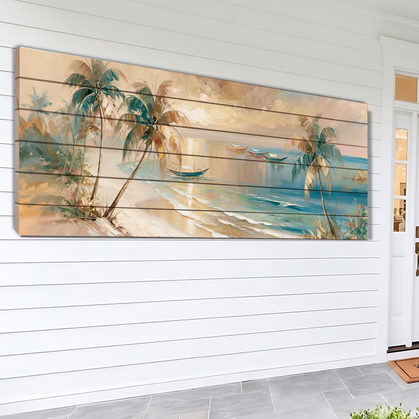 A large, colorful painting depicting a tropical beach scene with palm trees, a boat, and a sunset over the ocean.