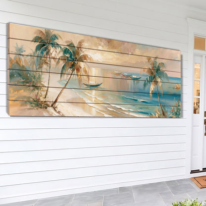 A large, colorful painting depicting a tropical beach scene with palm trees, a boat, and a sunset over the ocean.