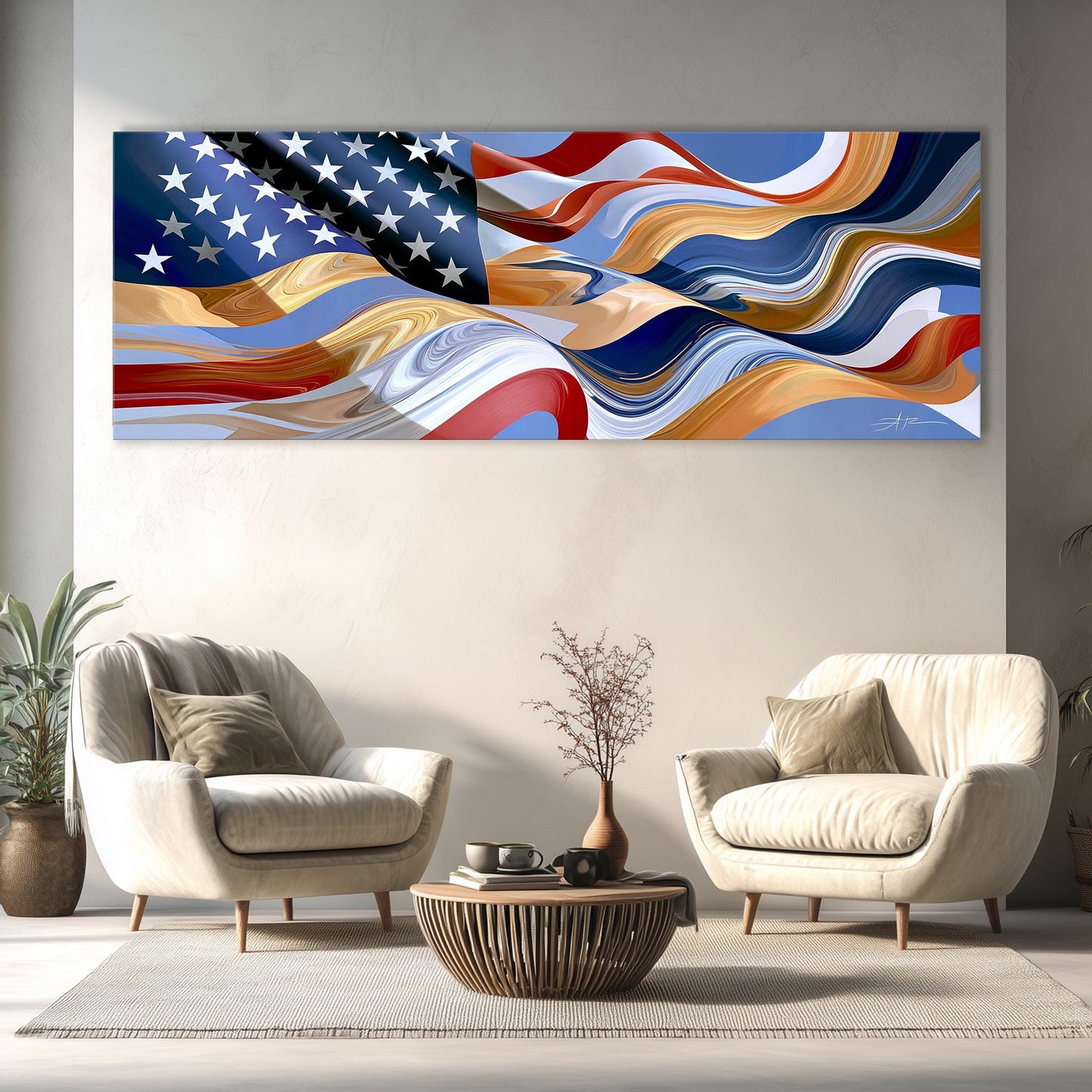 a modern living room with a large abstract painting of the American flag hanging on the wall above two white armchairs and a coffee table.