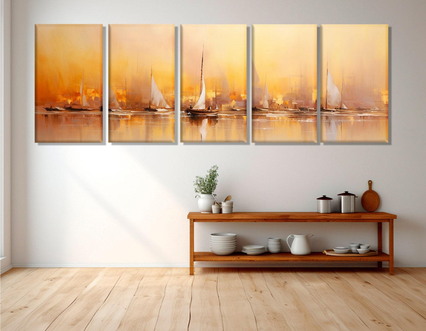 Yacht Canvas Print – Framed Sailing Wall Art With Abstract Sailboats and Sunset