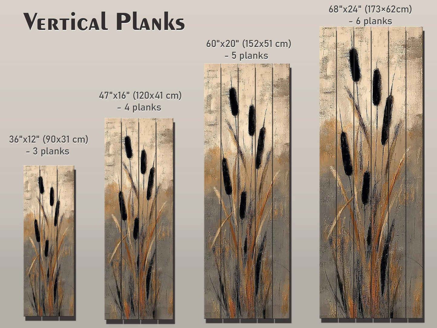 Cattails Abstract Art Print on Wood, Neutral Textured Nature Painting, Rustic Wall Decor
