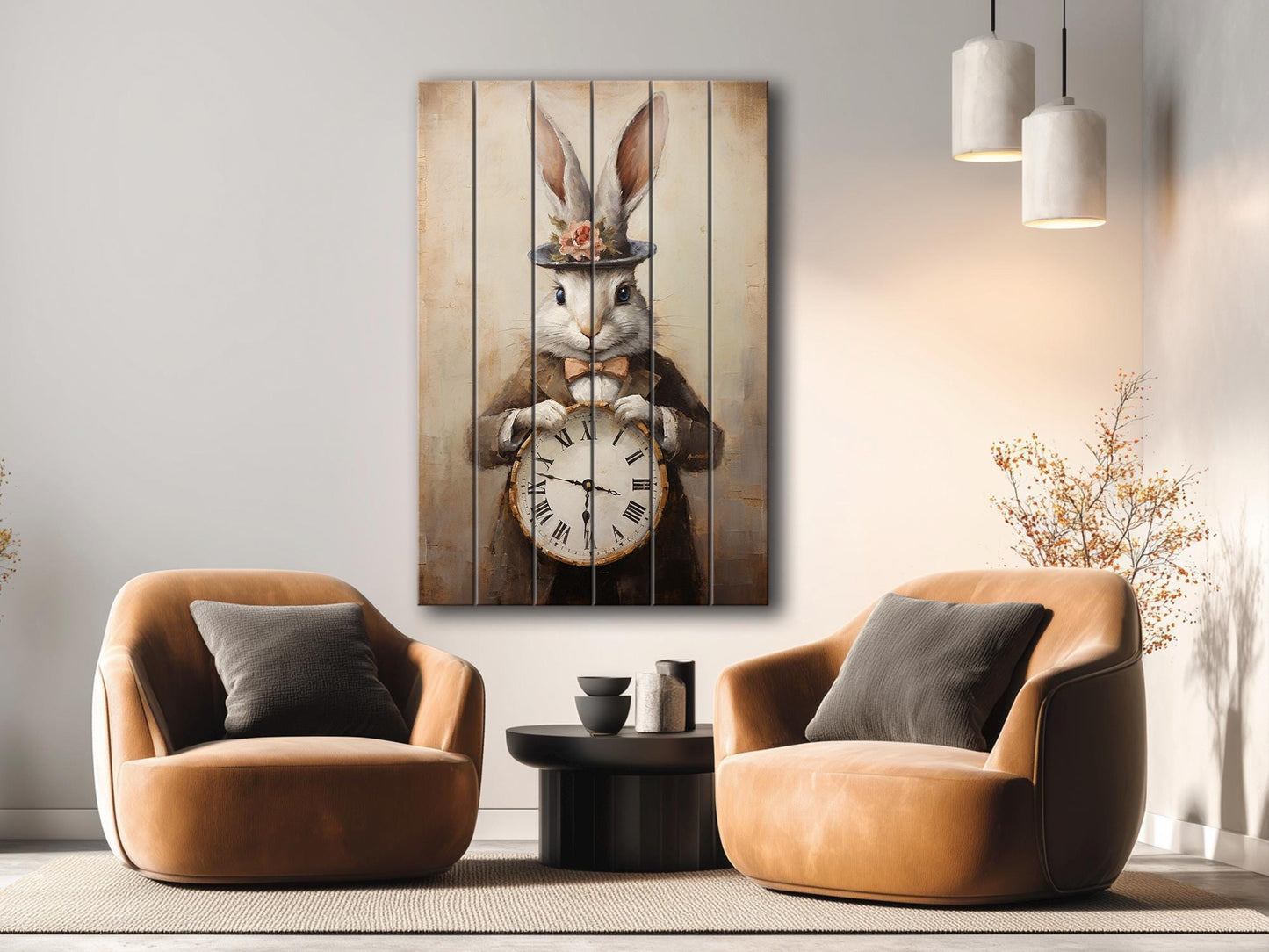 Vintage Rabbit Art – Rustic Wood Wall Art With Whimsical Animal Print Clock