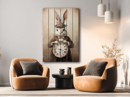 Vintage Rabbit Art – Rustic Wood Wall Art With Whimsical Animal Print Clock