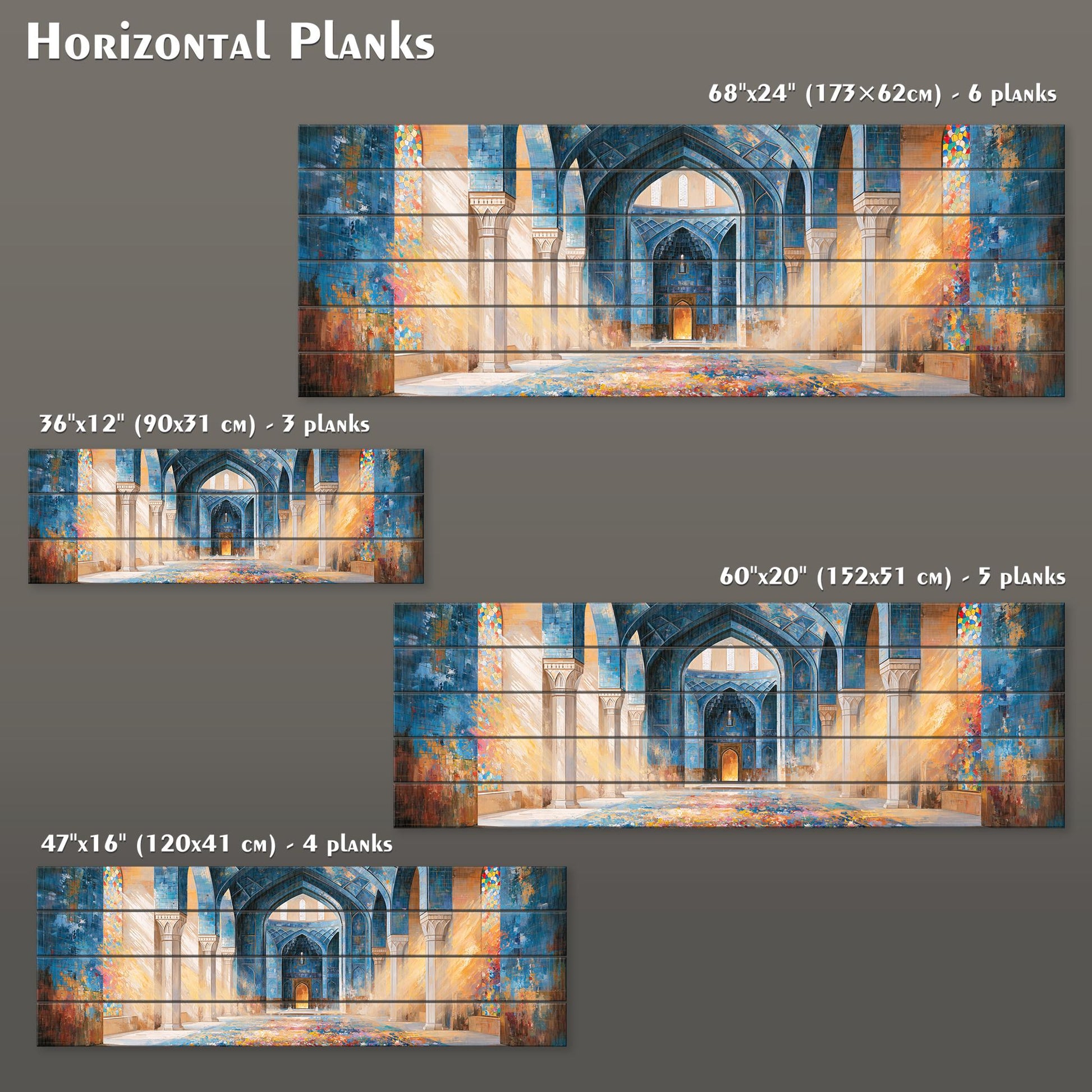 four different images of a blue and orange architectural structure, likely a mosque or similar building. The images are arranged in a grid format, with each image being a horizontal plank. The images vary in size, ranging from 60 x 31 cm to 17 x 63 cm, and each plank has a different number of planks, ranging from 6 to 4. The image is described as a "collage of four different images of a blue and orange architectural structure" and is labeled as a "horizontal plank."