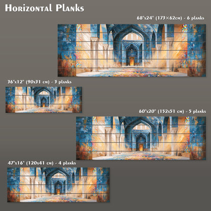 four different images of a blue and orange architectural structure, likely a mosque or similar building. The images are arranged in a grid format, with each image being a horizontal plank. The images vary in size, ranging from 60 x 31 cm to 17 x 63 cm, and each plank has a different number of planks, ranging from 6 to 4. The image is described as a "collage of four different images of a blue and orange architectural structure" and is labeled as a "horizontal plank."