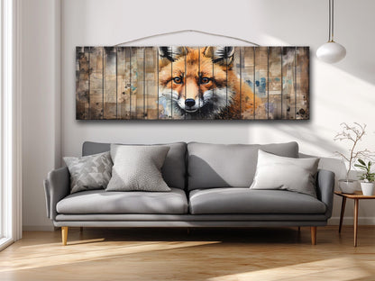 Fox Print Wood - Rustic Wood Art | Woodland Wall Decor With Beige Forest Painting