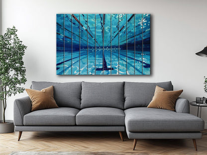 Swimming Pool Print on Natural Wood, Swimming Wall Art, Swimmer Gift, Abstract Swimming Pool Painting, Water Sports Wall Art, Wood Wall Art