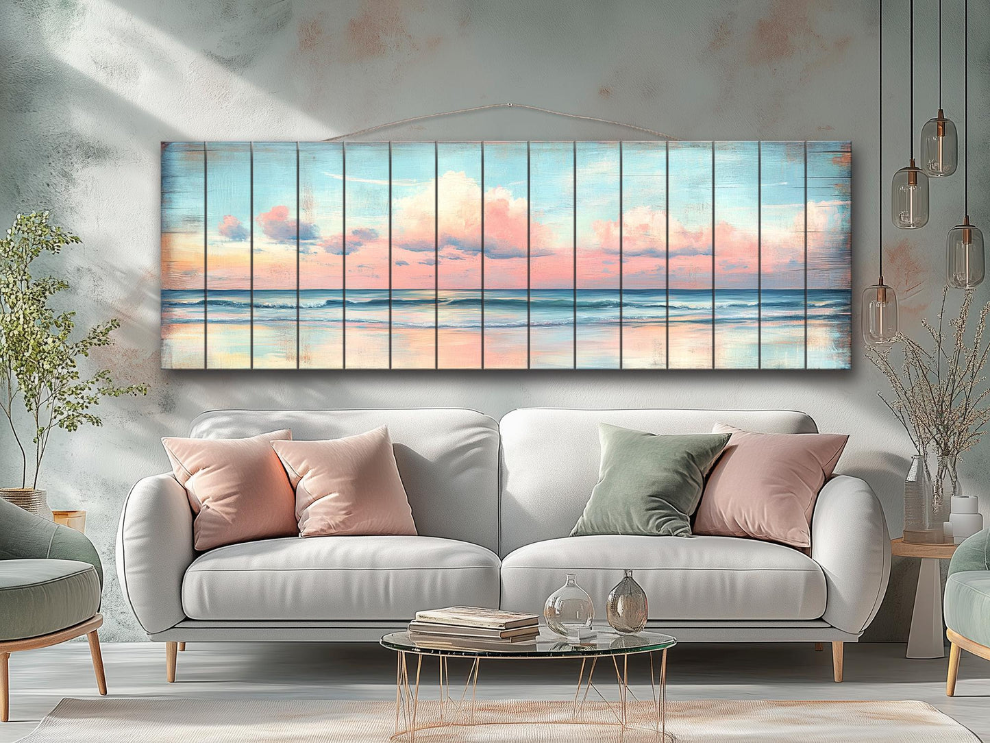 Wood Wall Art – Dreamy Pastel Skyline with Cotton Candy Clouds over Ocean Print on Natural Wood, Rustic Sea Beach Painting, Soft Tones Art