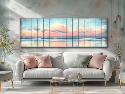Wood Wall Art – Dreamy Pastel Skyline with Cotton Candy Clouds over Ocean Print on Natural Wood, Rustic Sea Beach Painting, Soft Tones Art