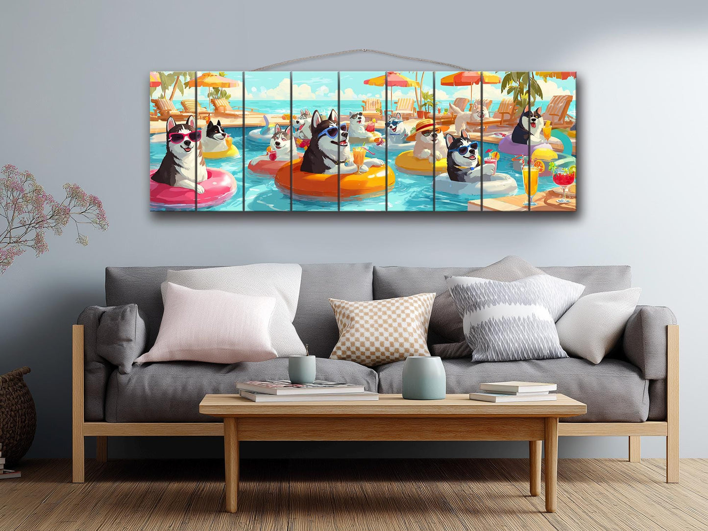 Funny Husky Wall Art – Playful Pool Party Print on Rustic Wood Decor