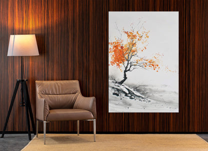 Minimalist Autumn Tree Painting – Japanese Wall Decor | Framed Canvas Art Ready to Hang