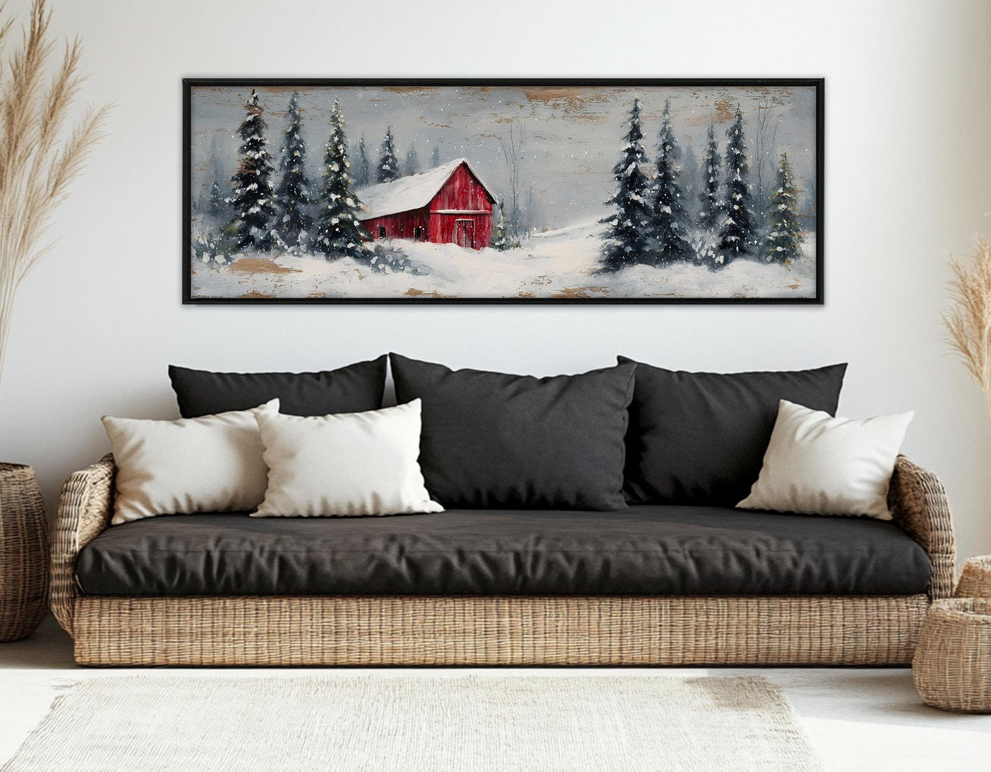 Winter Wall Decor – Snowy Landscape Print With Rustic Barn Canvas, Framed