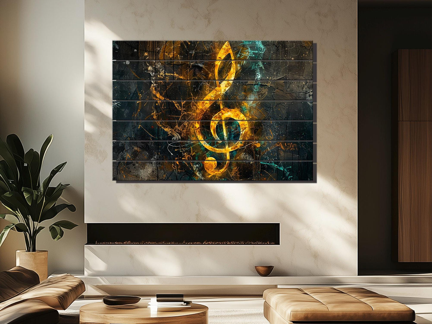 Treble Clef Wall Art - Rustic Wood Plank Painting with Organic Texture