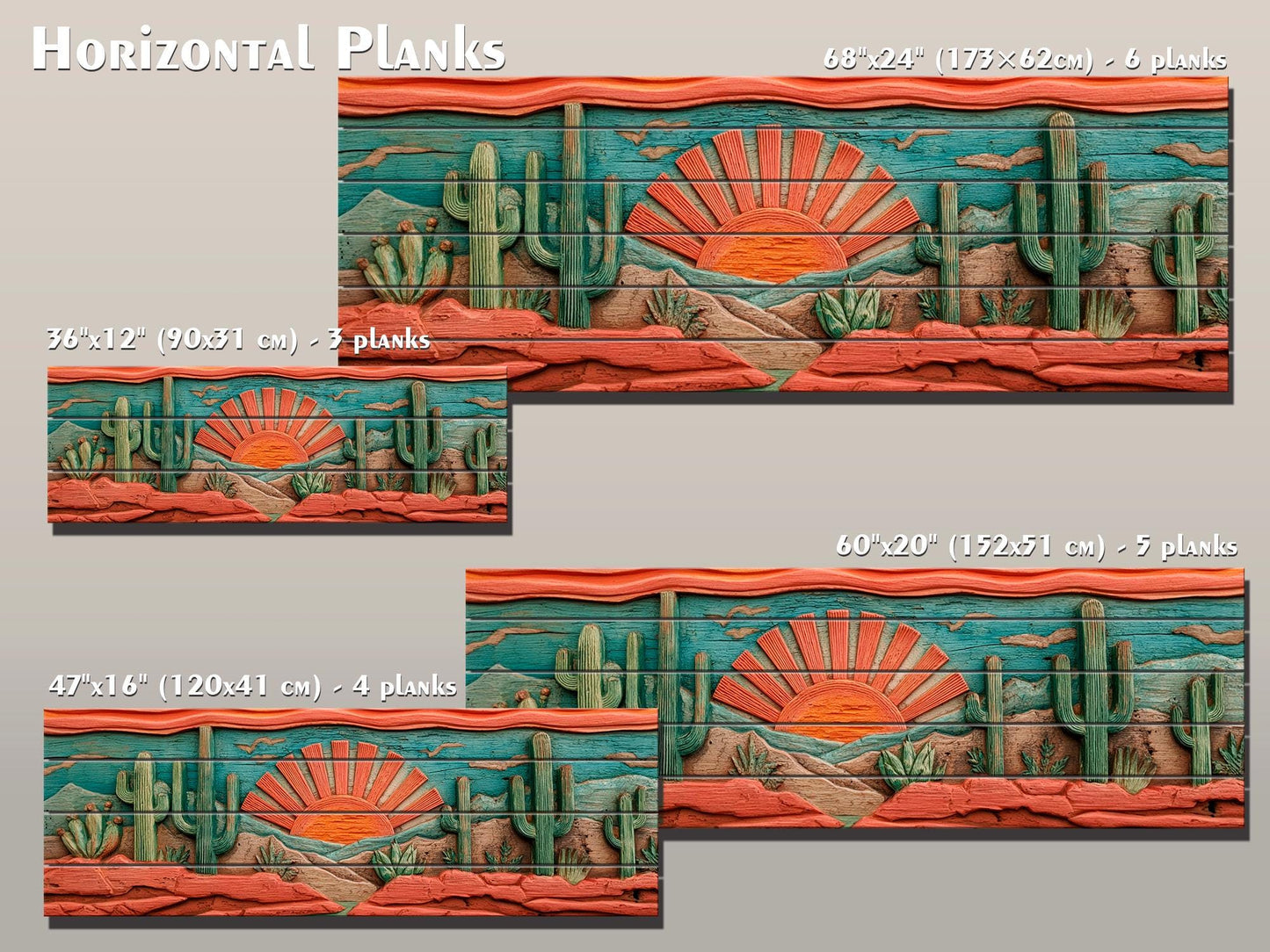 Arizona Desert Wood Print with Cactus and Sun, Rustic Vintage Southwest Wall Art