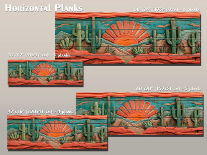 Arizona Desert Wood Print with Cactus and Sun, Rustic Vintage Southwest Wall Art
