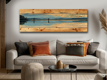 Fly Fishing Lake Print – Rustic Wood Wall Art, Panoramic Cabin Decor