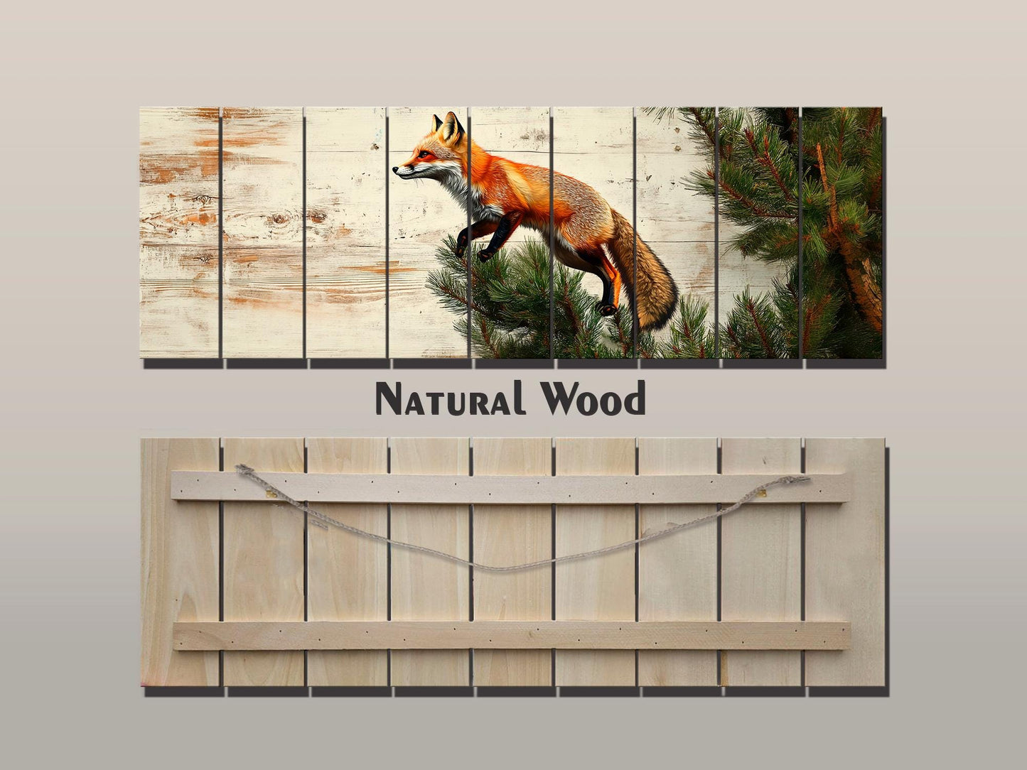 Fox Wall Art – Rustic Wood Wall Art Featuring Fox on Pine Tree Print