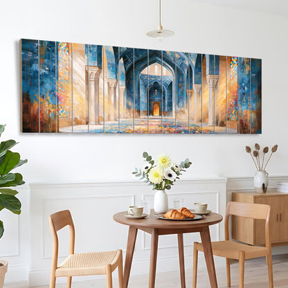 a dining area with a wooden table, two chairs, and a vase of flowers. Above the table, there is a large painting depicting an ornate, colorful archway.
