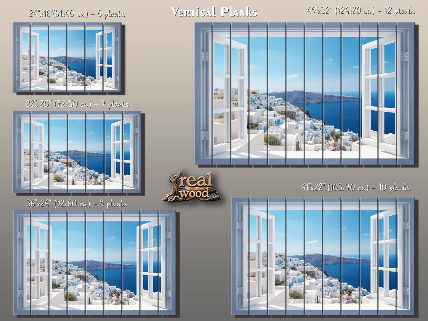 Santorini Wood Art - Natural Wood Print | Open Window Wall Decor on Planks