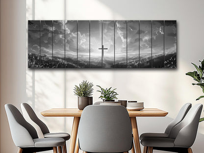 Cross Wall Art – Wood Wall Art Printed on Natural Wood with Black and White Cross in Flowers