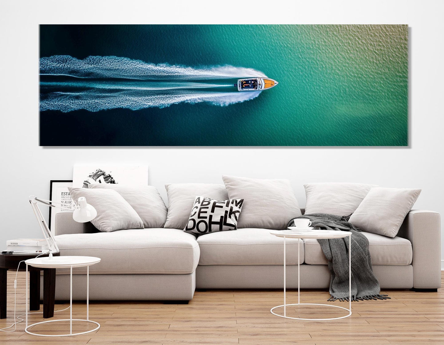 Minimalist Seascape Canvas - Framed Canvas Print | Aerial Motor Boat Artwork