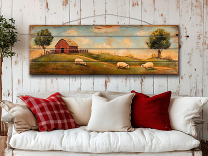 Rustic Wooden Wall Art - Sheep Grazing Print on Natural Wood for Cozy Cabin Decor