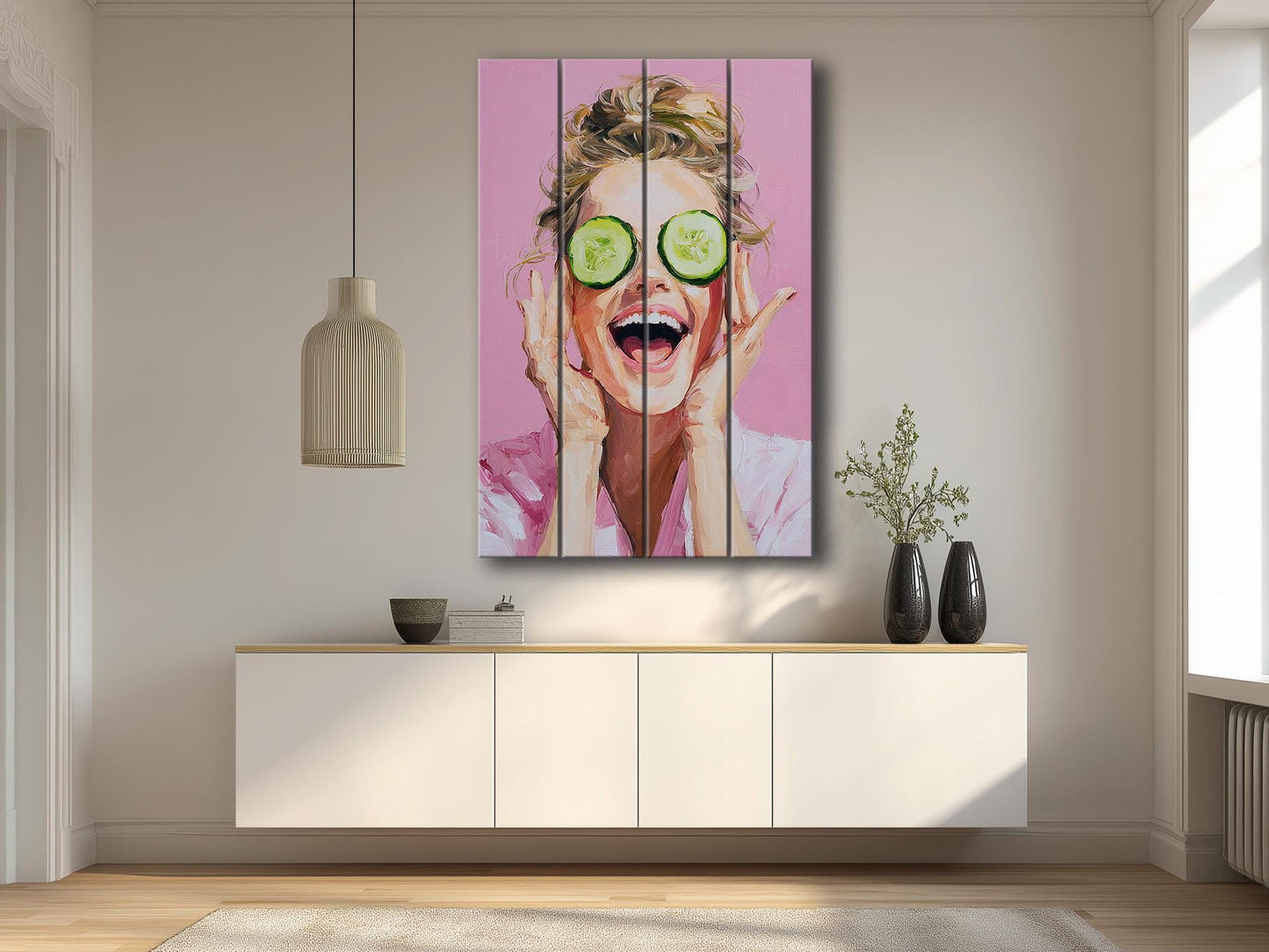 Spa Print Wood - Blonde Woman Cucumber Spa Print on Natural Wood Wall Art