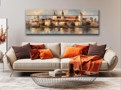 Krakow Skyline Wood Print – Rustic Wall Art With Castle River Painting On Distressed Wood