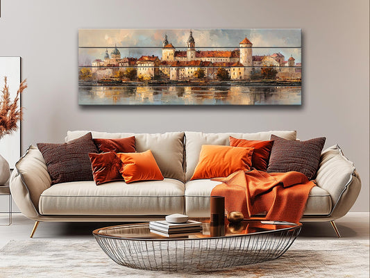 Krakow Skyline Wood Print – Rustic Wall Art With Castle River Painting On Distressed Wood