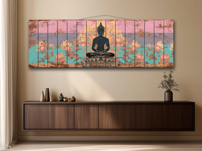 Wood Wall Art – Peaceful Buddha Silhouette with Lotus Flowers Print on Natural Wood, Buddhist Wall Decor, Buddha Painting, Buddhist Gift