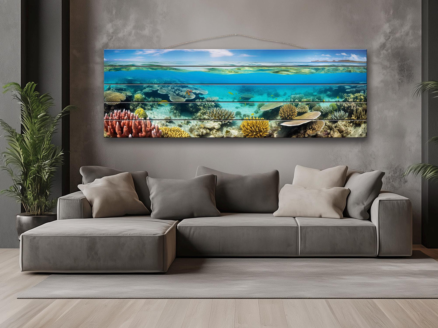 Ocean Wall Art - Rustic Wood Art Coral Reef Painting on Natural Wood Planks