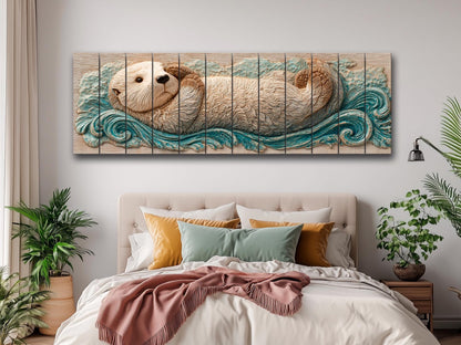 Sea Otter Print on Wood – Coastal Rustic Decor | Beige Blue Wall Art