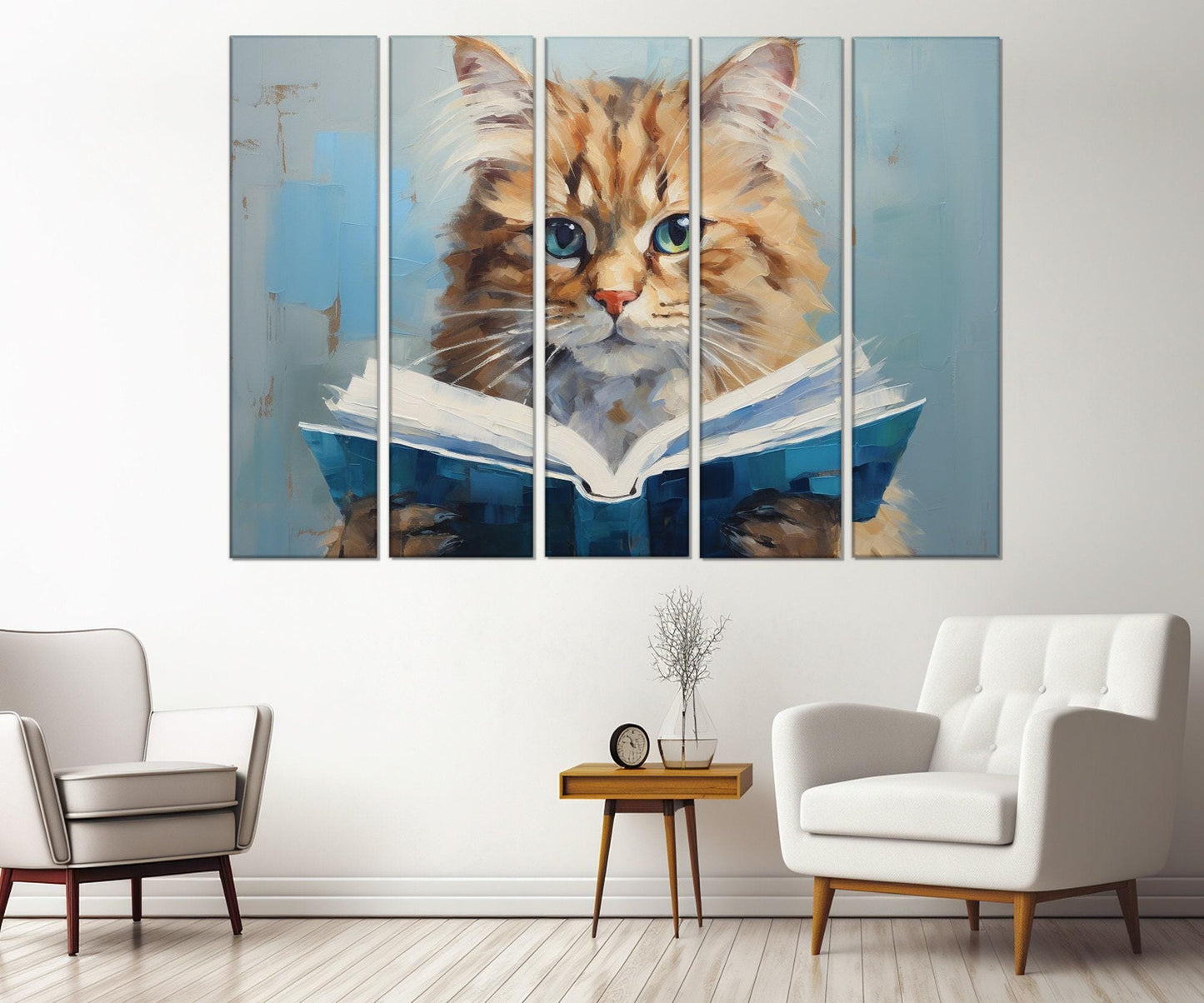 Cat Reading Book Abstract Painting Canvas Print, Kids Room Decor, Nursery Wall Art, Framed and Ready to Hang